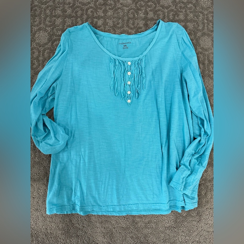 Women’s xxlarge turquoise, colored long sleeve top w/fringe button front